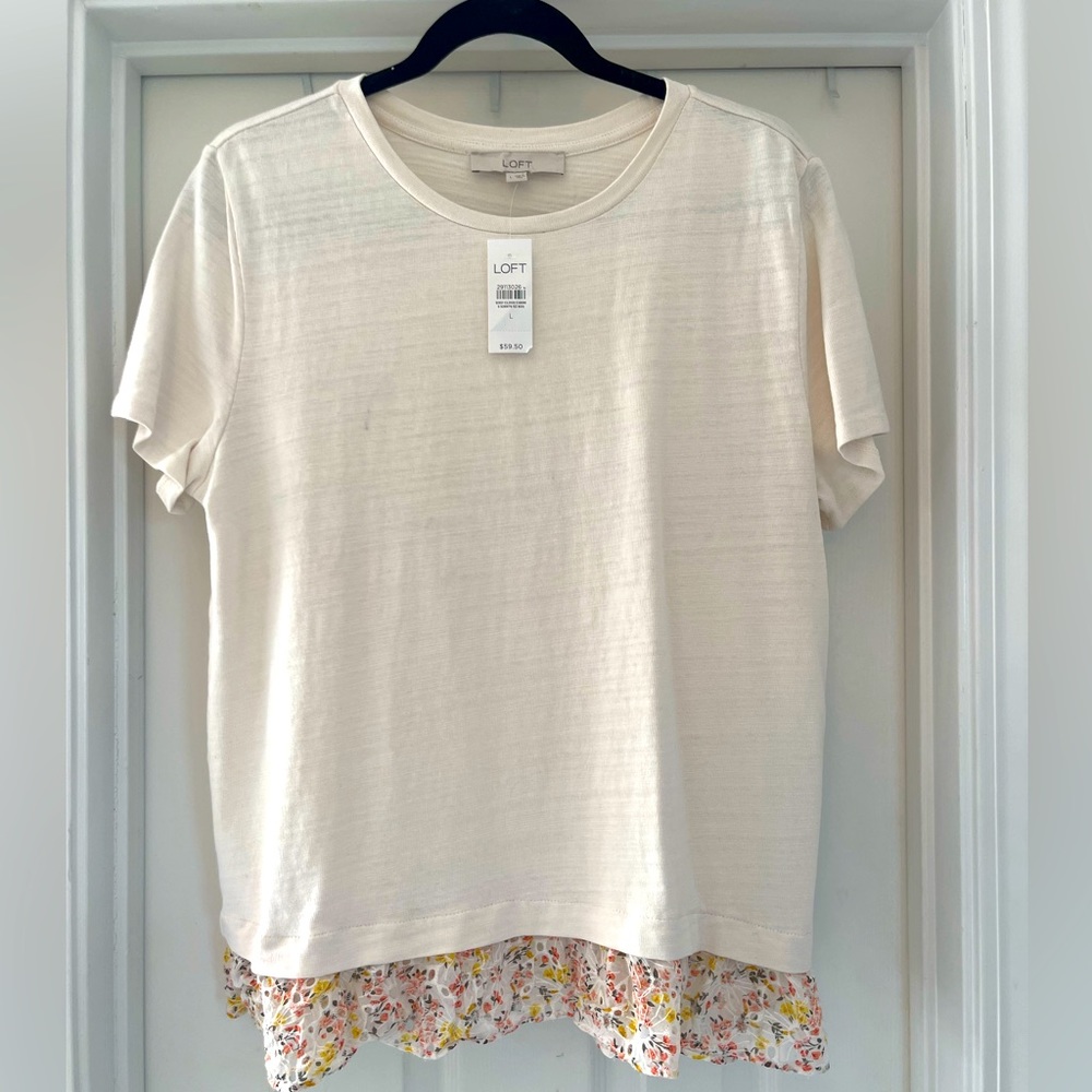 NWT LOFT Ivory Mixed Media knit top with floral eyelet ruffle